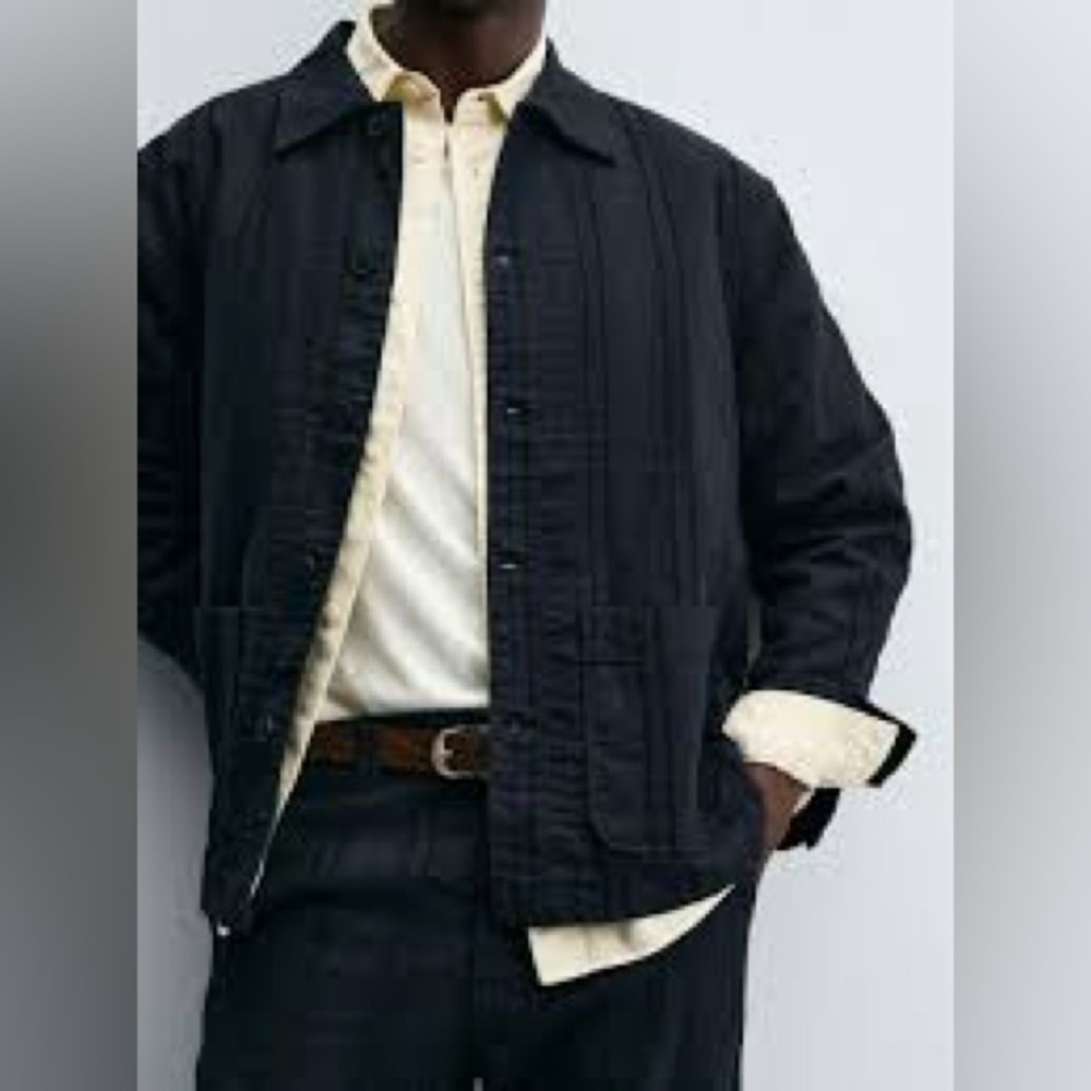 ZARA NWT Black Textured Cotton Utility Jacket Size L Structured Overshirt